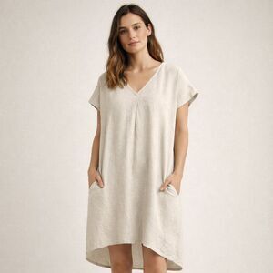 P Cill Linen Blend Beige Shift Dress Oversized Minimalist Small
